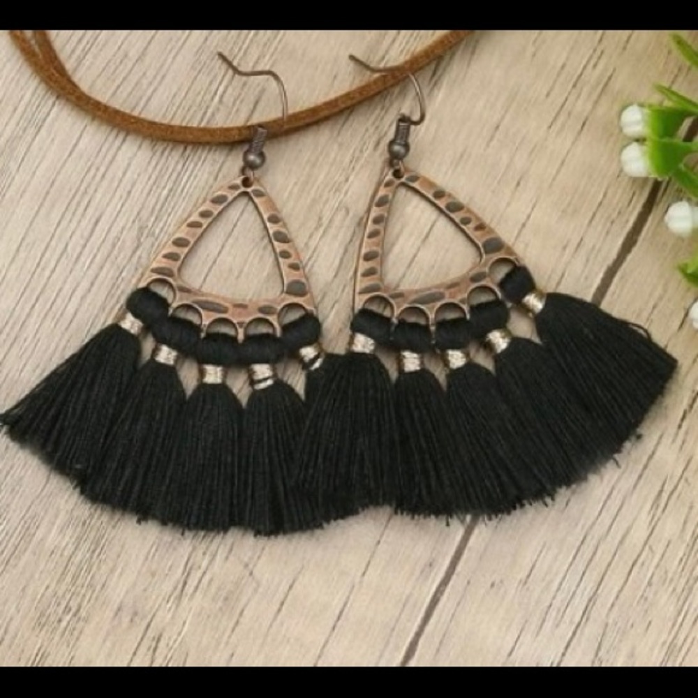 Boho Antiqued Bronze Fan Shaped Black Tassel Drop Earrings
